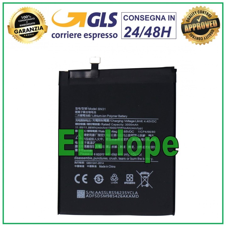 BN31 BATTERY FOR XIAOMI MI A1 Mi 5X REDMI S2 / Redmi NOTE 5A 3080 mAh BATTERY