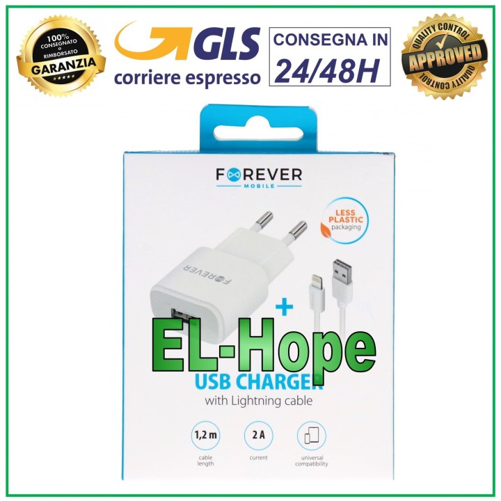 IPHONE TRAVEL USB CHARGER 5V 10W 2A + WHITE LIGHTNING CABLE 1.2 m