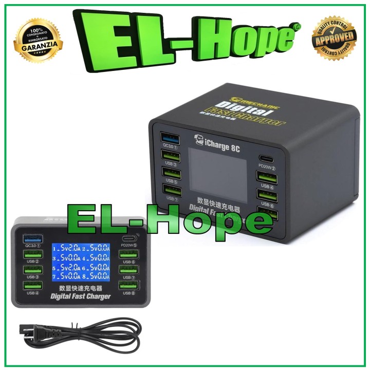 Mechanical Digital Charger 8C 8A USB Type-C QC3.0 Ports Fast Charging Tester